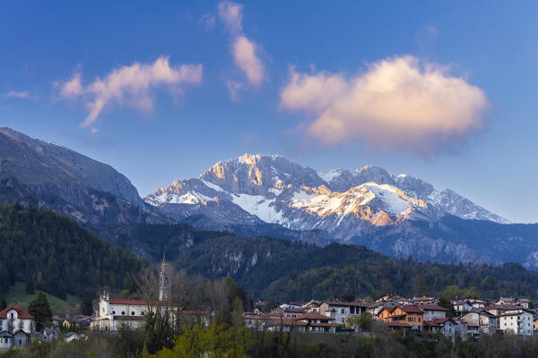 View of the Presolana at sunset from Rovetta. Rovetta, Val Seriana, Bergamo district, Lombardy, Italy.