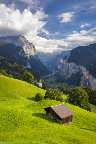 View of Lauterbrunnen valley from Wengen town in summer. Wengen, Canton of Bern, Switzerland, Europe