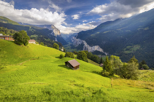 View of Lauterbrunnen valley from Wengen town in summer. Wengen, Canton of Bern, Switzerland, Europe