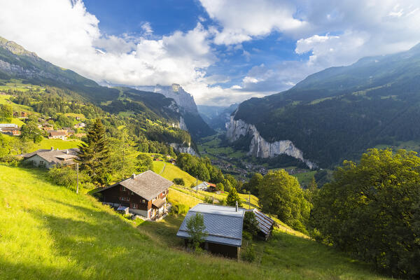 View of Lauterbrunnen valley from Wengen town in summer. Wengen, Canton of Bern, Switzerland, Europe