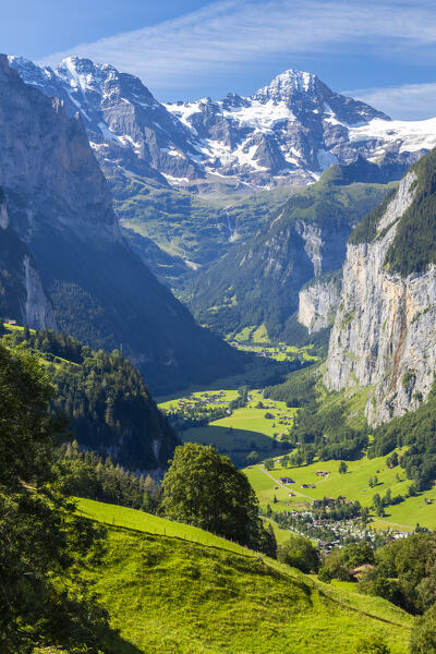 View of Lauterbrunnen valley from Wengen town in summer. Wengen, Canton of Bern, Switzerland, Europe