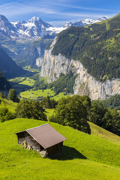 View of Lauterbrunnen valley from Wengen town in summer. Wengen, Canton of Bern, Switzerland, Europe