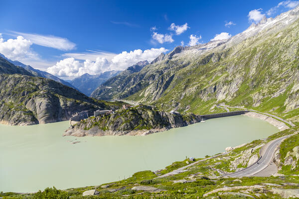 View of the Grimselsee and Grimsel Hospiz at Grimselpass, connecting Guttannen in Berna Canton to Oberwald in Canton of Valais. Obergoms, Canton of Valais, Swiss Alps, Switzerland.