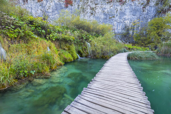 View of Plitvice lakes in autumn. Plitvička jezera National Park, Lika-Senj county, Karlovac region, Croatia, Eastern Europe.