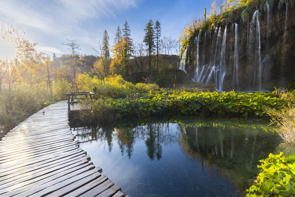 View of Plitvice lakes in autumn. Plitvička jezera National Park, Lika-Senj county, Karlovac region, Croatia, Eastern Europe.