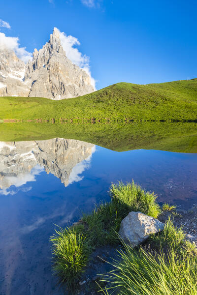 View of Baita Segantini refuge and Pale di San Martino in Dolomites. Trento province, Trentino Alto Adige, Italy, Europe.