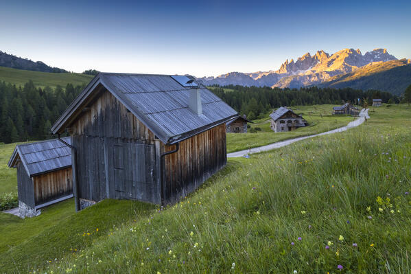 View of the Pale di San Martino Fuciade. San Pellegrino pass, Dolomites, Trento province, Trentino Alto Adige, Italy, Europe.