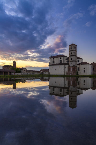 View of the flooded rice fields near the Principality of Lucedio at sunset. Trino Vercellese, Vercelli district, Piedmont, Italy.