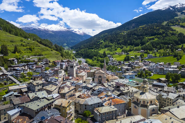 Aerial view of Bormio old city center. Bormio, Sondrio district, Valtellina, Lombardy, Italy, Europe.