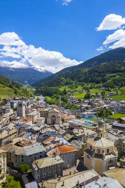 Aerial view of Bormio old city center. Bormio, Sondrio district, Valtellina, Lombardy, Italy, Europe.