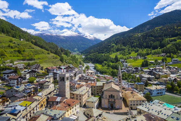 Aerial view of Bormio old city center. Bormio, Sondrio district, Valtellina, Lombardy, Italy, Europe.