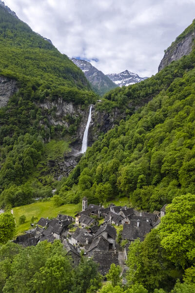 Aerial view of the Foroglio waterfall and town. Foroglio, Cevio, Val Bavona, Valle Maggia, Canton Ticino, Switzerland. 