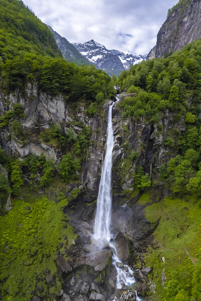 Aerial view of the Foroglio waterfall and town. Foroglio, Cevio, Val Bavona, Valle Maggia, Canton Ticino, Switzerland. 