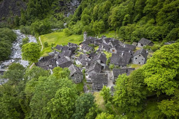 Aerial view of the Foroglio waterfall and town. Foroglio, Cevio, Val Bavona, Valle Maggia, Canton Ticino, Switzerland. 