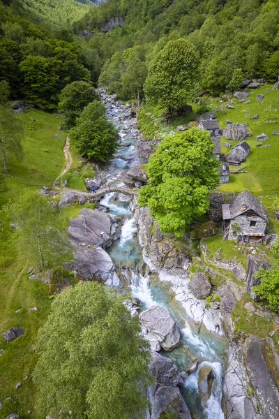 Aerial view of the alpine pasture of Puntid. Calnegia, Foroglio, Cevio, Val Bavona, Valle Maggia, Canton Ticino, Switzerland. 