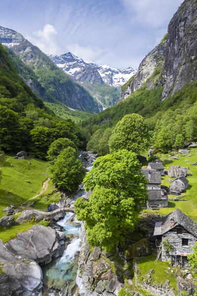 Aerial view of the alpine pasture of Puntid. Calnegia, Foroglio, Cevio, Val Bavona, Valle Maggia, Canton Ticino, Switzerland. 