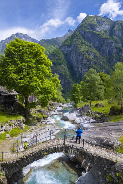 Aerial view of the alpine pasture of Puntid. Calnegia, Foroglio, Cevio, Val Bavona, Valle Maggia, Canton Ticino, Switzerland. 