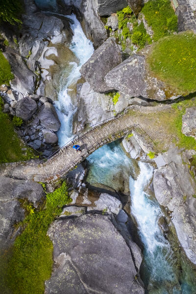 Aerial view of the alpine pasture of Puntid. Calnegia, Foroglio, Cevio, Val Bavona, Valle Maggia, Canton Ticino, Switzerland. 