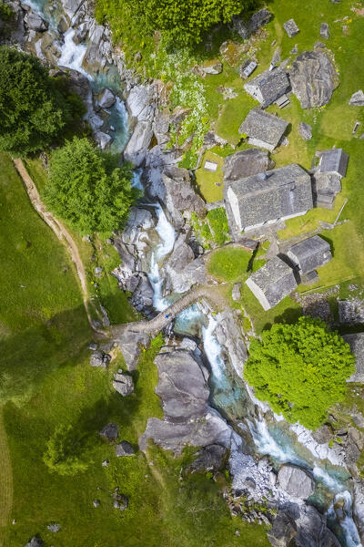 Aerial view of the alpine pasture of Puntid. Calnegia, Foroglio, Cevio, Val Bavona, Valle Maggia, Canton Ticino, Switzerland. 