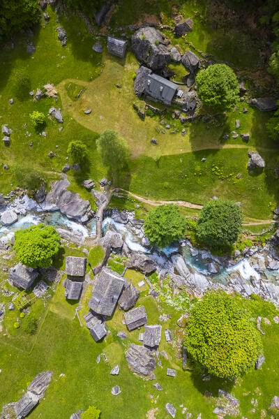 Aerial view of the alpine pasture of Puntid. Calnegia, Foroglio, Cevio, Val Bavona, Valle Maggia, Canton Ticino, Switzerland. 