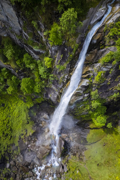 Aerial view of the Foroglio waterfall from above. Foroglio, Cevio, Val Bavona, Valle Maggia, Canton Ticino, Switzerland. 