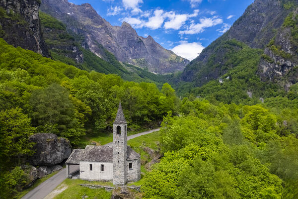 Aerial view of the Oratorio della Natività church. Cevio, Val Bavona, Valle Maggia, Canton Ticino, Switzerland. 