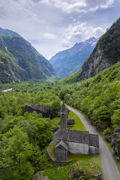 Aerial view of the Oratorio della Natività church. Cevio, Val Bavona, Valle Maggia, Canton Ticino, Switzerland. 