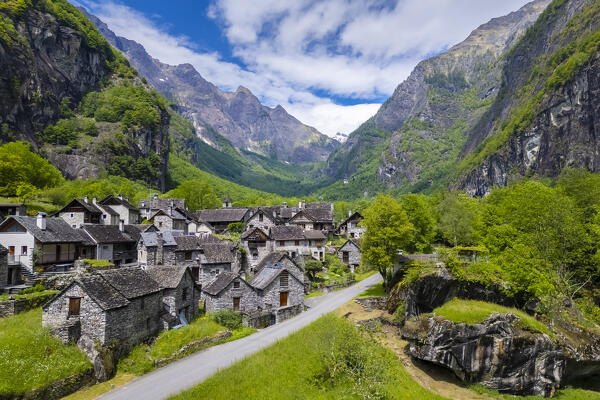 Aerial view the small town of Sonlerto. Cevio, Val Bavona, Valle Maggia, Canton Ticino, Switzerland. 