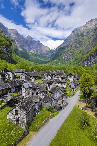 Aerial view the small town of Sonlerto. Cevio, Val Bavona, Valle Maggia, Canton Ticino, Switzerland. 