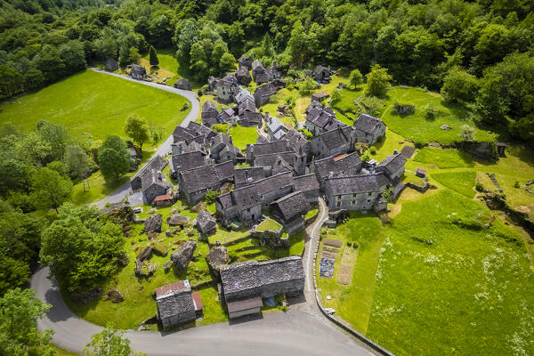 Aerial view the small town of Sonlerto. Cevio, Val Bavona, Valle Maggia, Canton Ticino, Switzerland. 