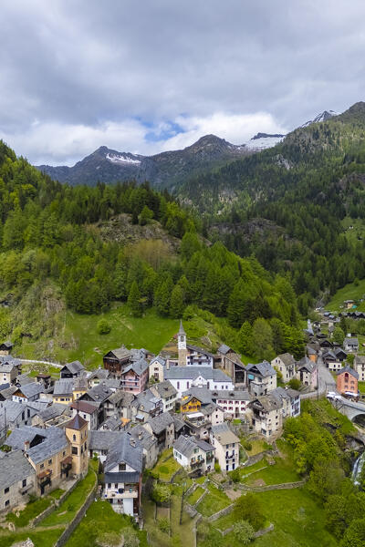 Aerial view the small town of Fusio. Fusio, Val Lavizzare, Valle Maggia, Canton Ticino, Switzerland. 