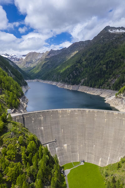 Aerial view the lake and dam of Sambuco. Fusio, Val Lavizzare, Valle Maggia, Canton Ticino, Switzerland. 