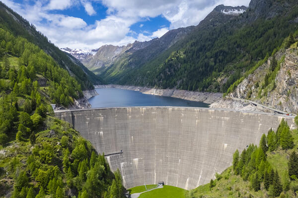 Aerial view the lake and dam of Sambuco. Fusio, Val Lavizzare, Valle Maggia, Canton Ticino, Switzerland. 