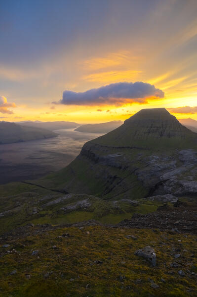 View of Skaelingsfjall mountain peak at sunset in spring. Sornfelli, Streymoy Island, Faroe Islands