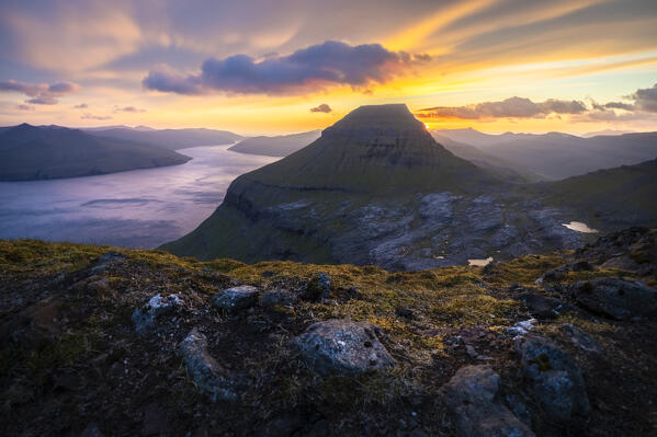 View of Skaelingsfjall mountain peak at sunset in spring. Sornfelli, Streymoy Island, Faroe Islands