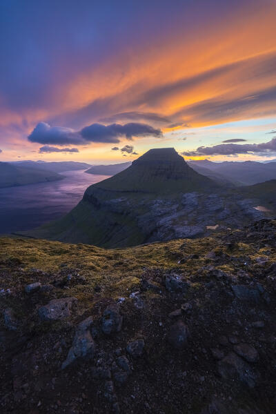 View of Skaelingsfjall mountain peak at sunset in spring. Sornfelli, Streymoy Island, Faroe Islands