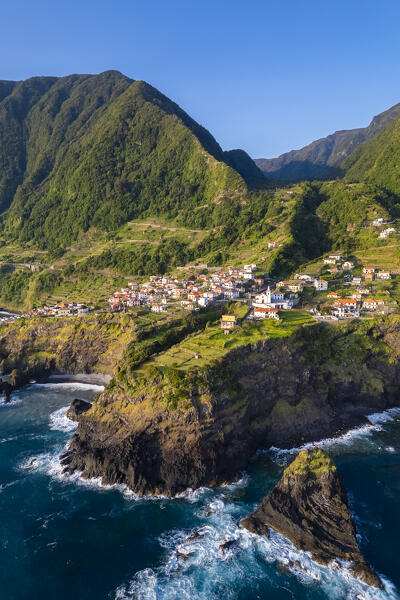 Aerial view of the coast of Seixal during sunrise. Madeira, Portugal, Europe.