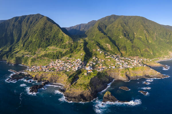 Aerial view of the coast of Seixal during sunrise. Madeira, Portugal, Europe.