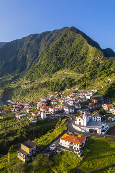 Aerial view of the coast of Seixal during sunrise. Madeira, Portugal, Europe.