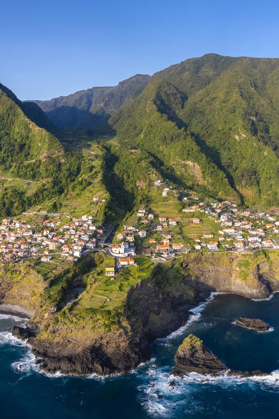 Aerial view of the coast of Seixal during sunrise. Madeira, Portugal, Europe.