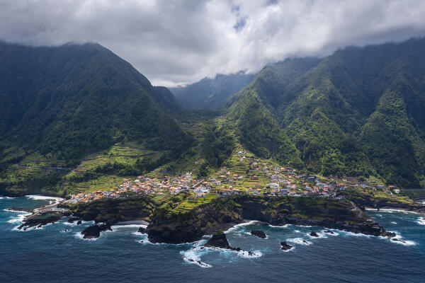 Aerial view of the coast of Seixal in spring. Madeira, Portugal, Europe.