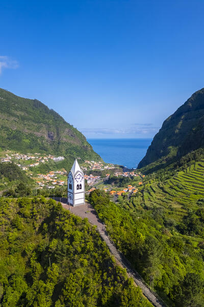 Aerial view of Capelinha de Nossa Senhora de Fatima just after sunrise in spring. Sao Vicente, Madeira, Portugal, Europe.