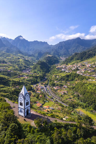 Aerial view of Capelinha de Nossa Senhora de Fatima just after sunrise in spring. Sao Vicente, Madeira, Portugal, Europe.