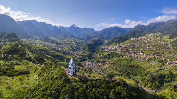 Aerial view of Capelinha de Nossa Senhora de Fatima just after sunrise in spring. Sao Vicente, Madeira, Portugal, Europe.