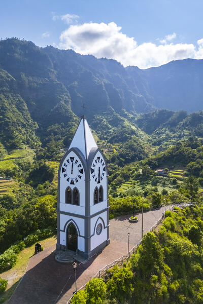 Aerial view of Capelinha de Nossa Senhora de Fatima just after sunrise in spring. Sao Vicente, Madeira, Portugal, Europe.