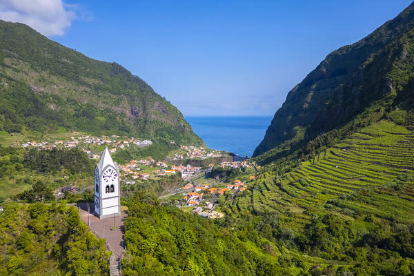 Aerial view of Capelinha de Nossa Senhora de Fatima just after sunrise in spring. Sao Vicente, Madeira, Portugal, Europe.