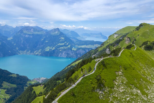 Aerial view of the trail on the crest leading from Klingenstock to Fronalpstock. Stoos, Canton of Schwyz, Schwyzer Alps, Switzerland.