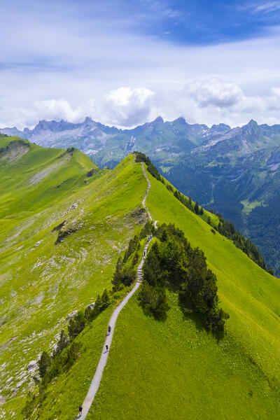 Aerial view of the trail on the crest leading from Klingenstock to Fronalpstock. Stoos, Canton of Schwyz, Schwyzer Alps, Switzerland.
