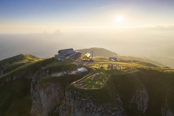 Aerial view of the top and hotel of Fronalpstock. Stoos, Canton of Schwyz, Schwyzer Alps, Switzerland.