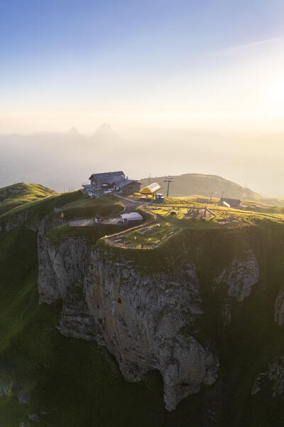 Aerial view of the top and hotel of Fronalpstock. Stoos, Canton of Schwyz, Schwyzer Alps, Switzerland.